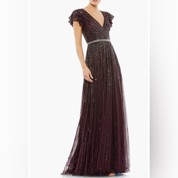 MAC DUGGAL Beaded Cap Sleeve Tulle A-Line Gown BlackBerry WOMENS sz 12